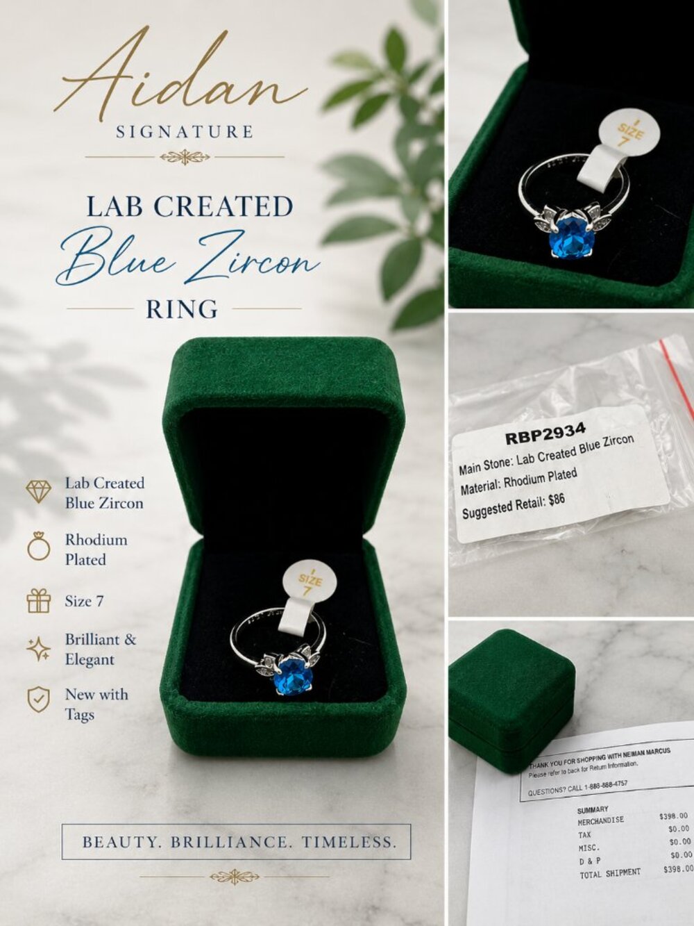 Blue Zircon Ring Size 7 Rhodium Plated Lab Created Gemstone Floral